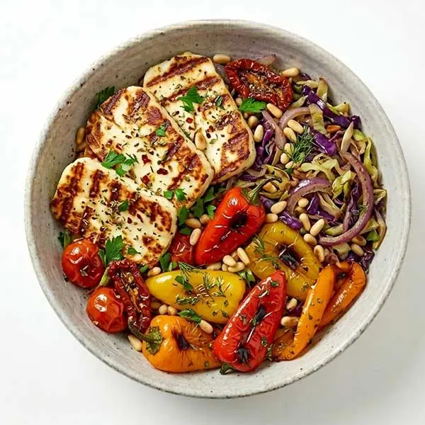 Grilled Halloumi with Roasted Mediterranean Peppers & Cabbage